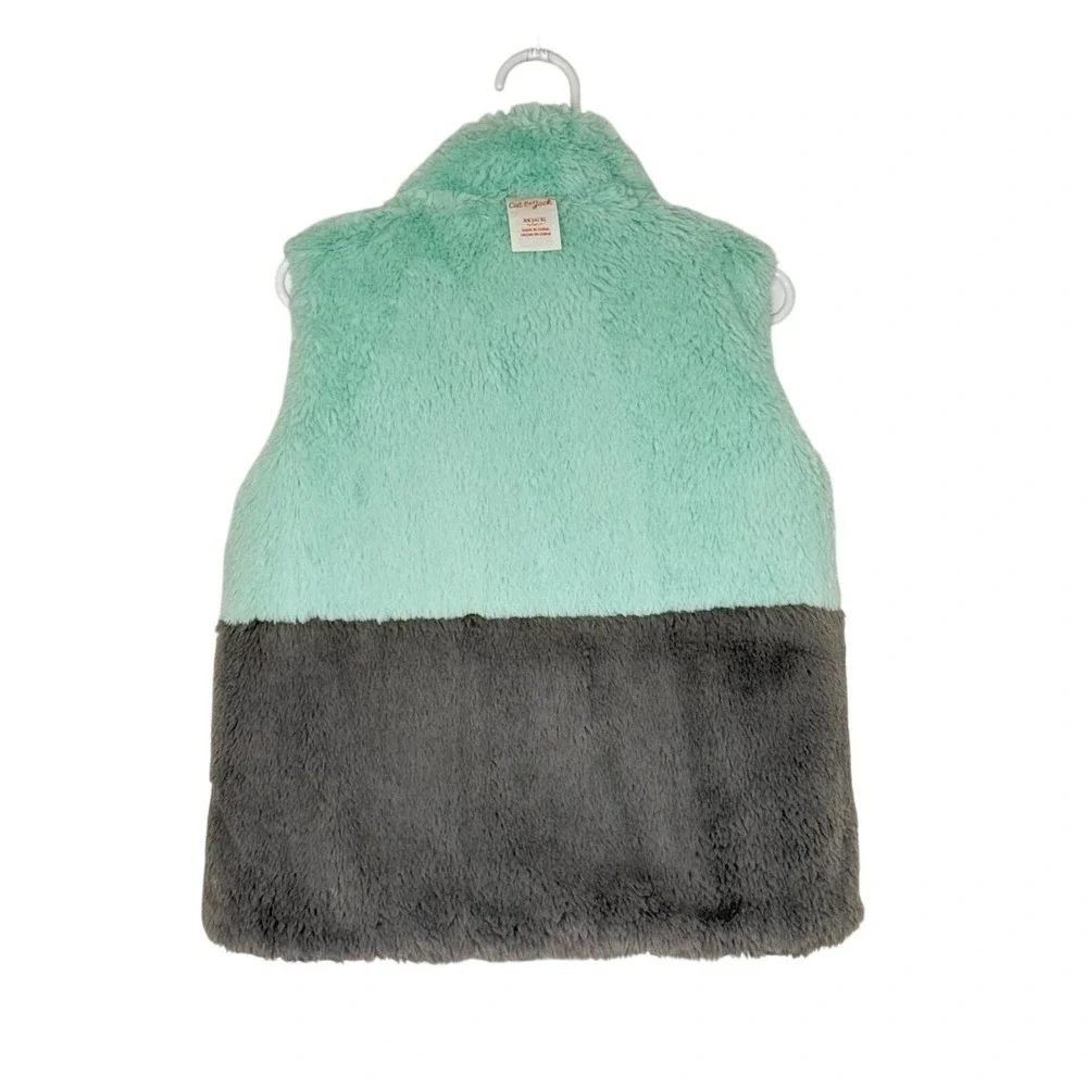 CAT &‎ JACK GIRL'S SLEEVELESS PUFFER JACKET VEST GREEN GRAY FAUX FUR SIZE XS 4/5